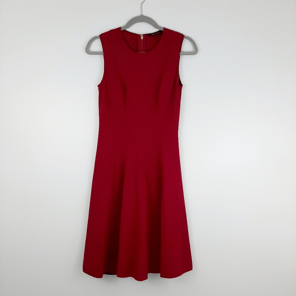 Rachel Roy Sheath Skater Ponte Dress Sleeveless Asymmetrical Maroon Red Size 4